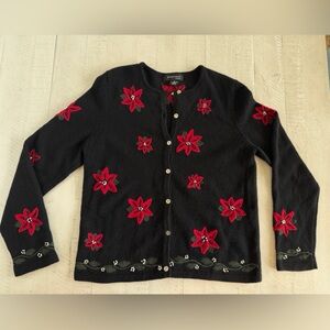 Vintage Statements by Danielle Wool Black Cardigan Red Poinsettia  Embroidery M